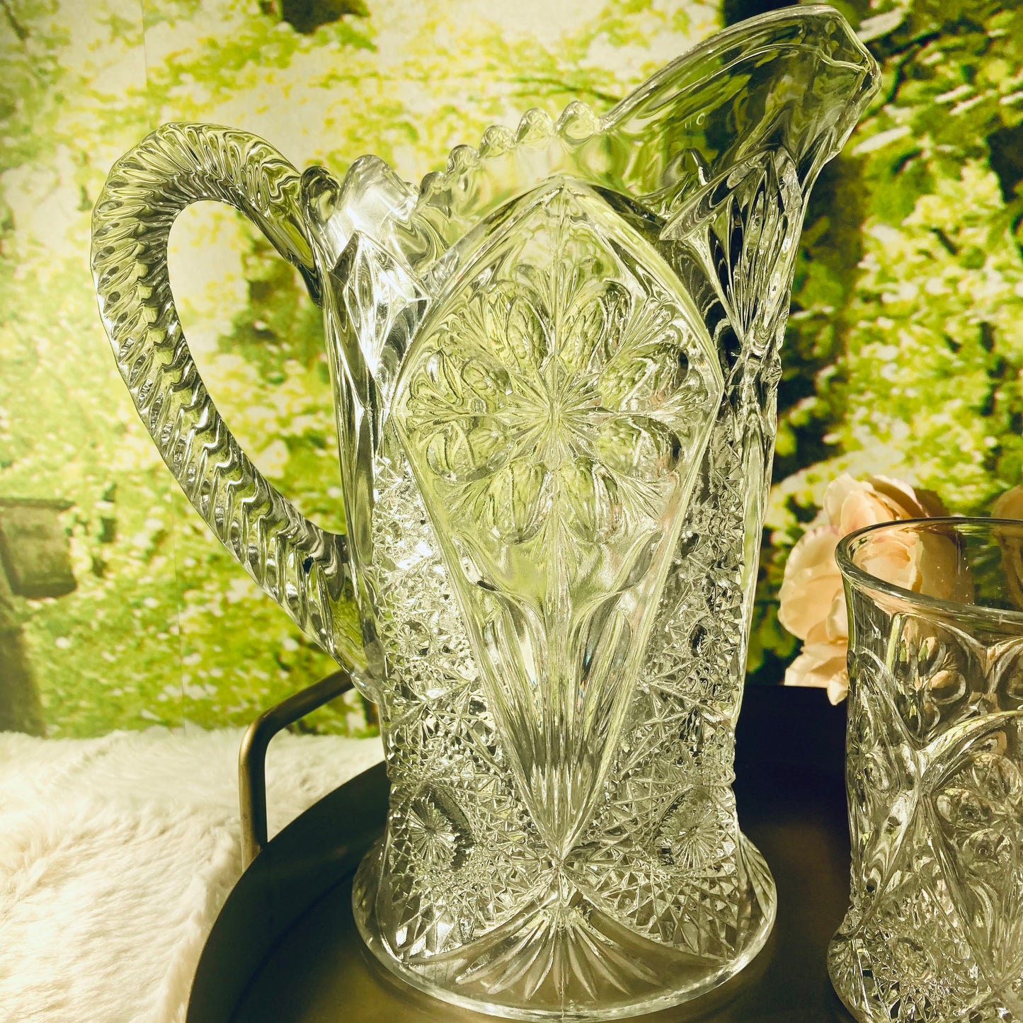 Vintage Imperial Crystal Glass Pitcher and set of six 4 oz glasses.