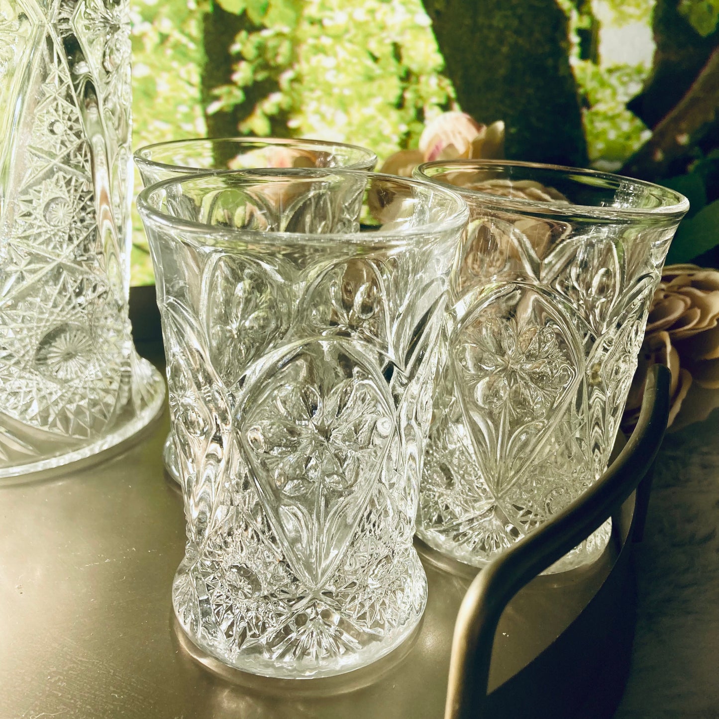 Vintage Imperial Crystal Glass Pitcher and set of six 4 oz glasses.